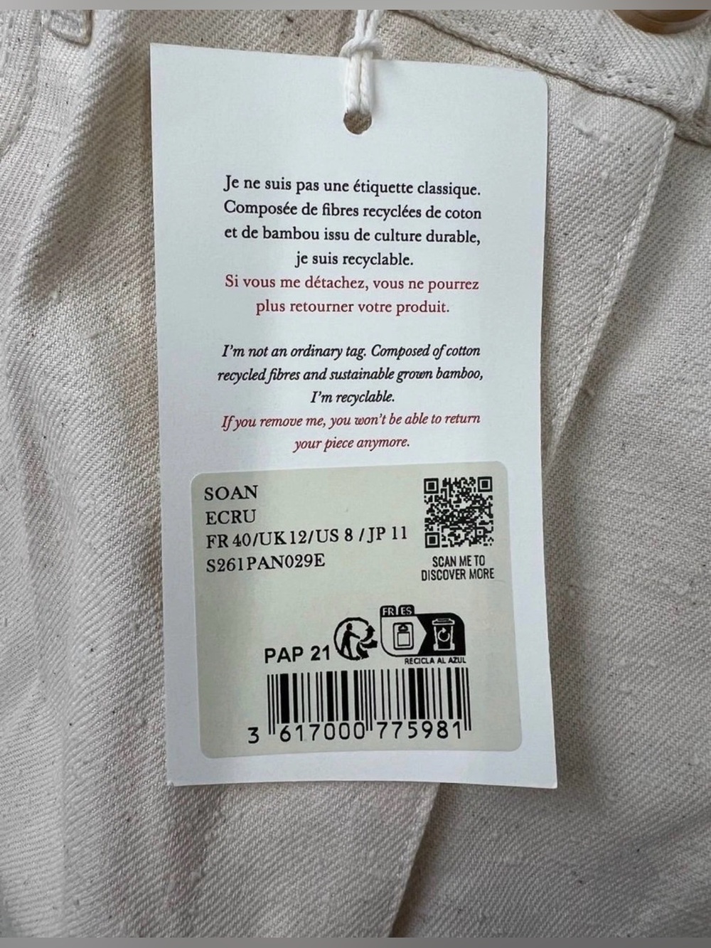 Sezane Soan Trousers – Ecru Natural Linen Blend (Size US 8 / FR 40) NWT - Picture 8 of 8
